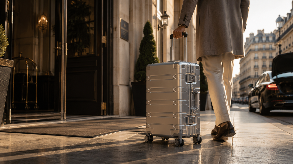 Valise cabine en aluminium tirée sur un trottoir parisien, devant l’entrée d’un immeuble