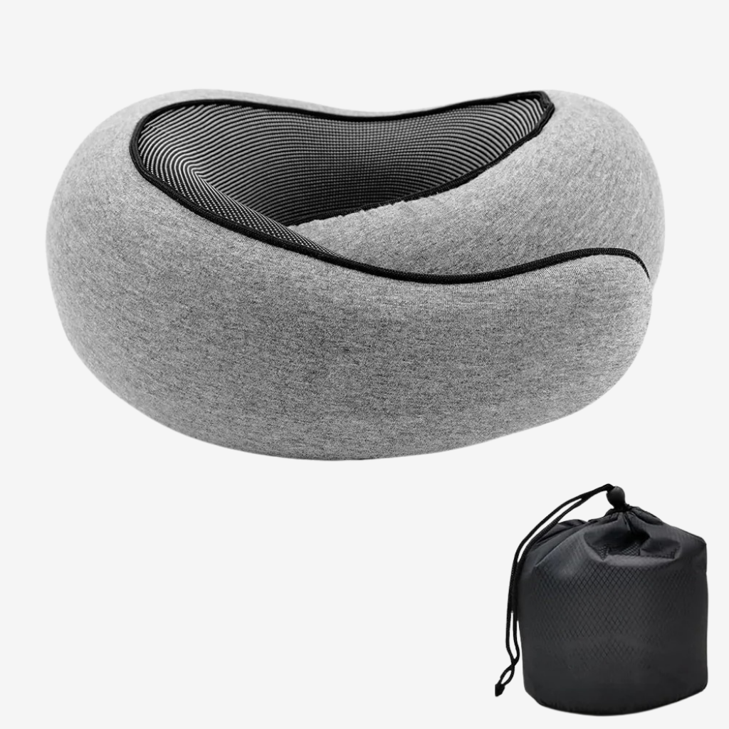 Oreiller de voyage en anneau gris chiné, intérieur en maille rayée noire, avec sa pochette de transport noire à cordon