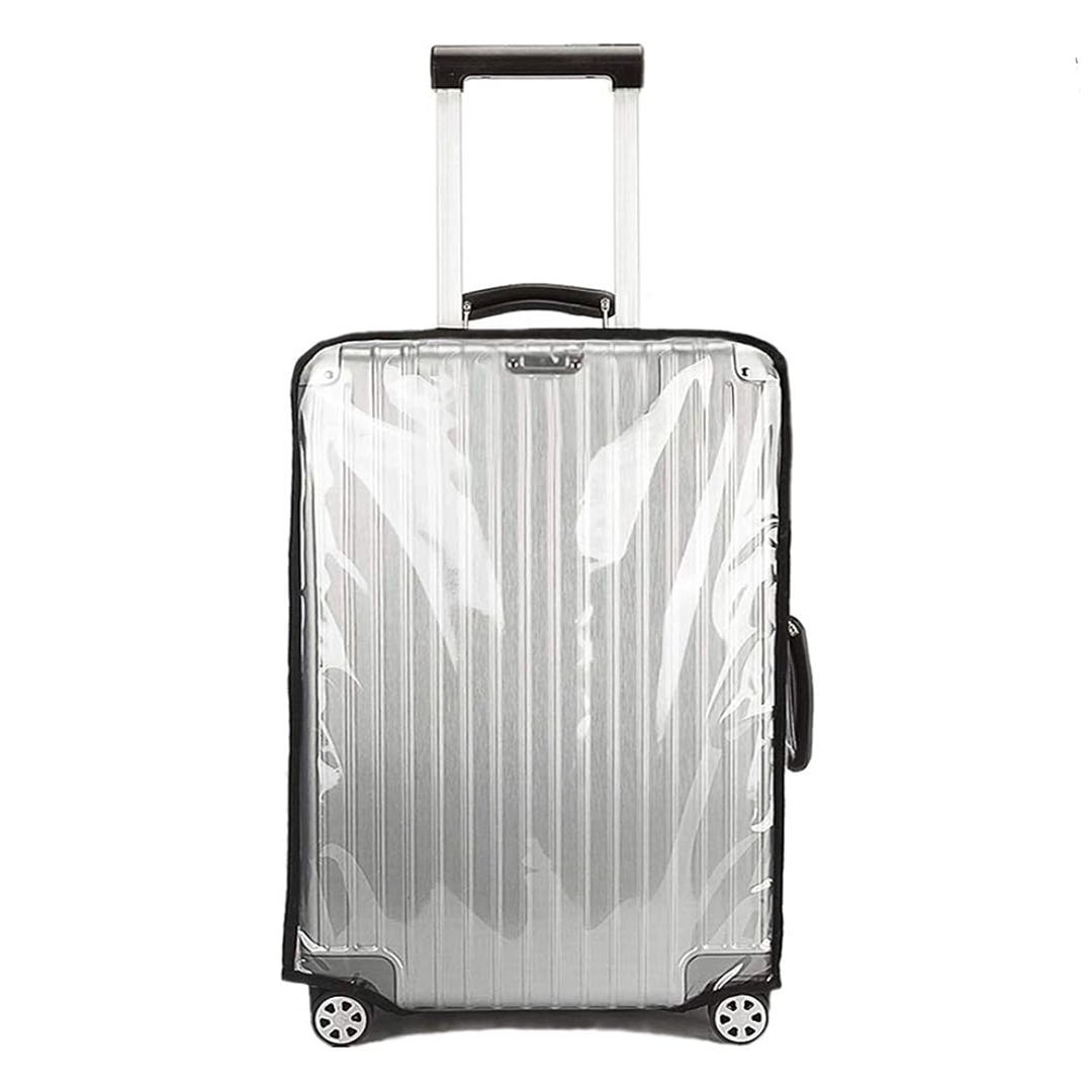 Housse de valise transparente à bordure noire sur une valise argentée (non incluse), poignées et roues dégagées