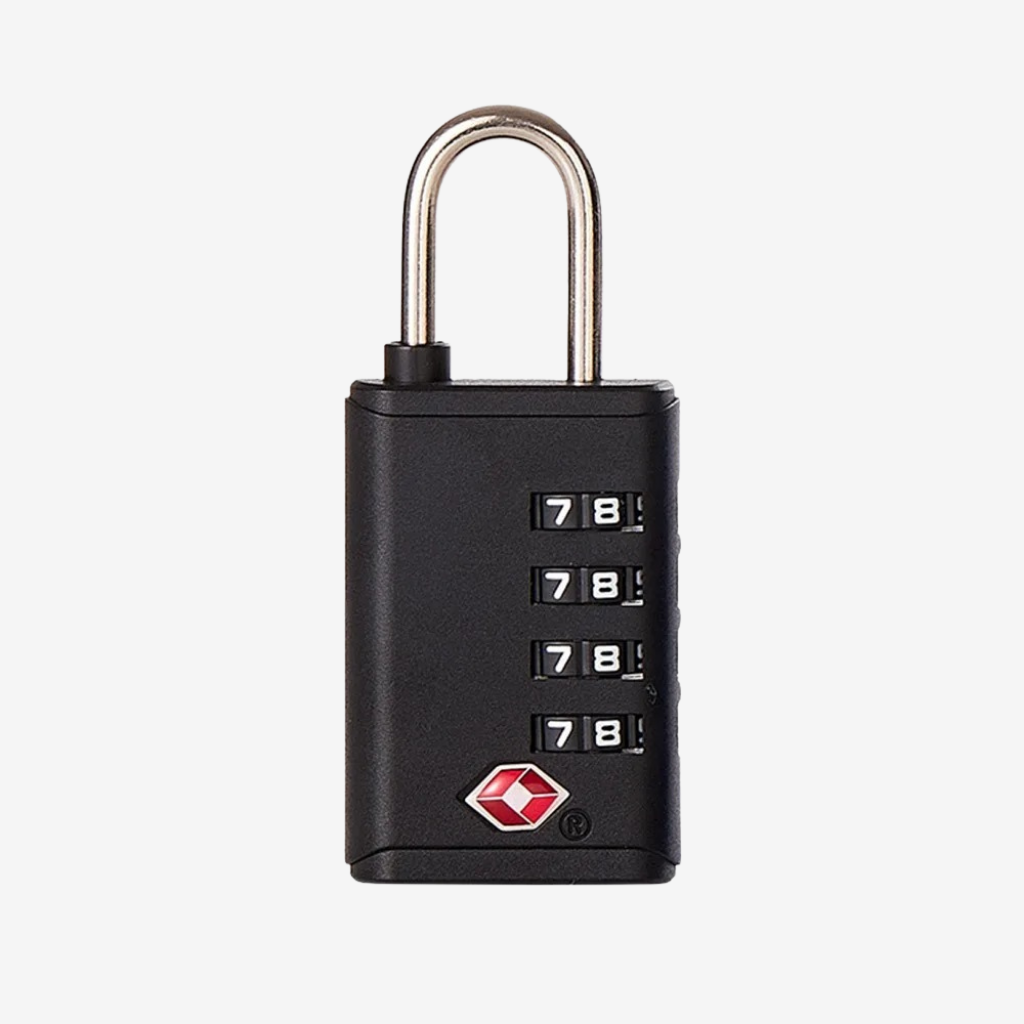 Cadenas à combinaison noir à quatre molettes, vue de face, anse chromée et logo en losange rouge