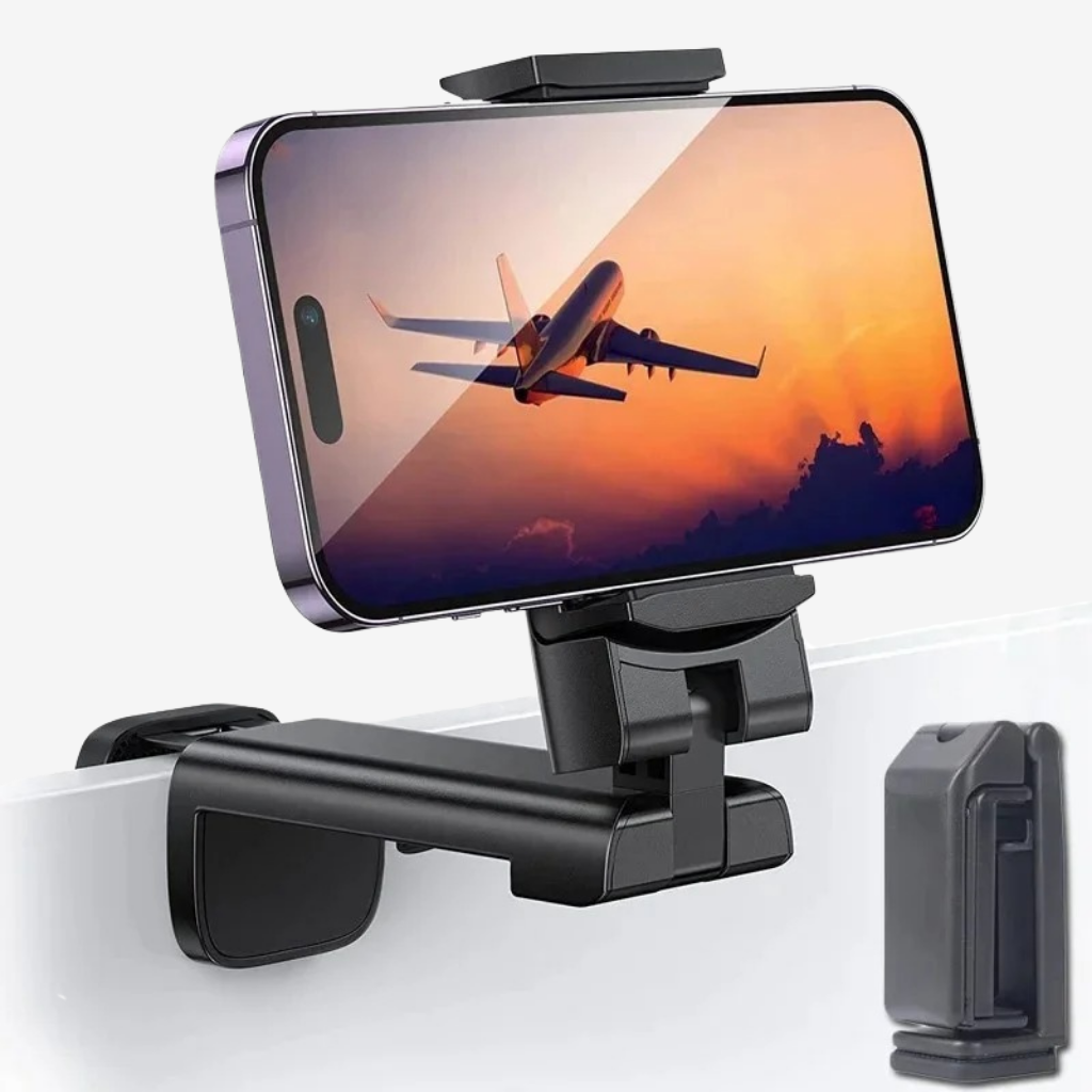 Support de téléphone noir fixé par pince au bord d'une tablette, smartphone à l'horizontale ; en médaillon, le support replié