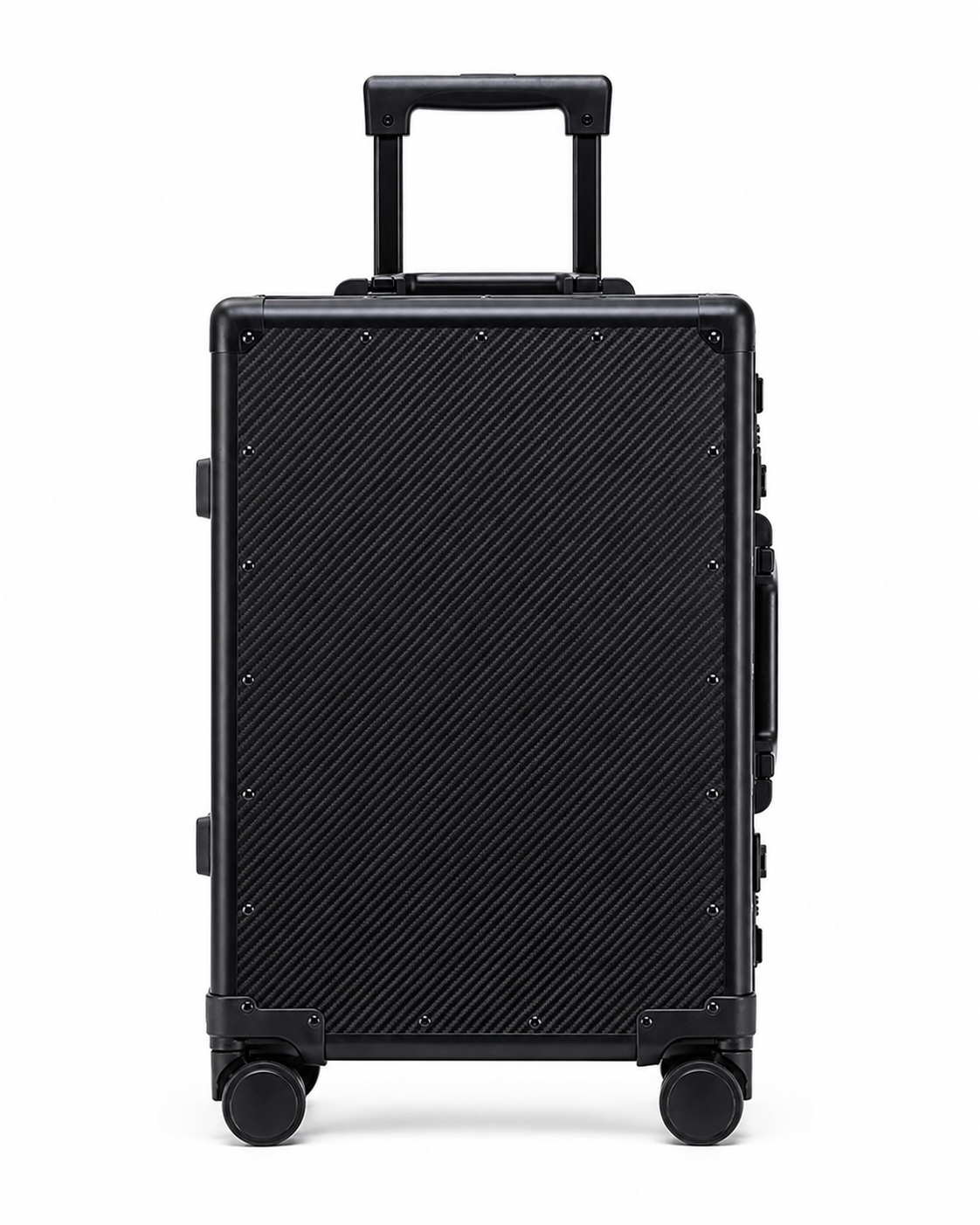 Valise cabine Orvessa Rivoli noire en fibre de carbone, vue de face, poignée télescopique sortie