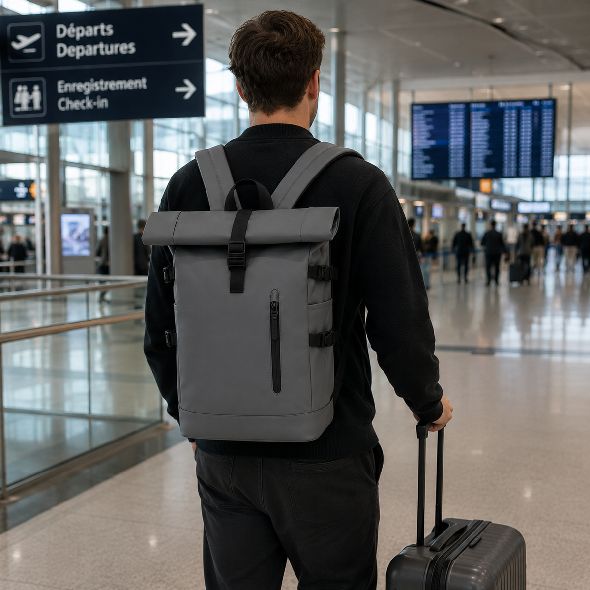 Voyageur de dos dans un aéroport, sac à dos roll-top gris sur le dos, valise noire à la main