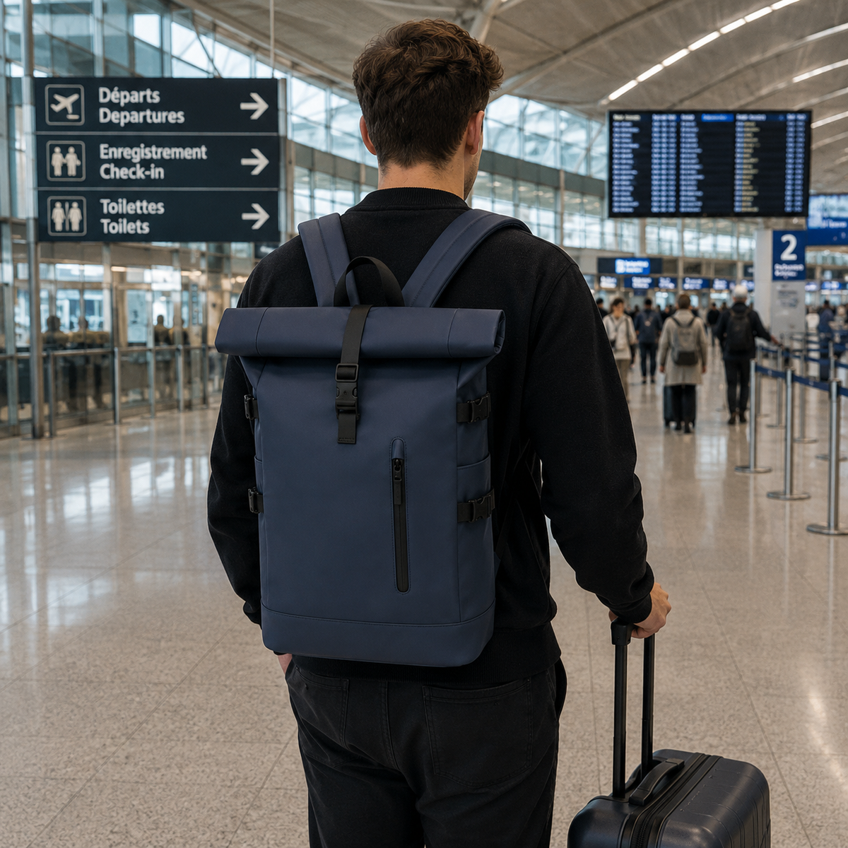 Voyageur de dos dans un aéroport, sac à dos roll-top bleu marine sur le dos, valise noire à la main