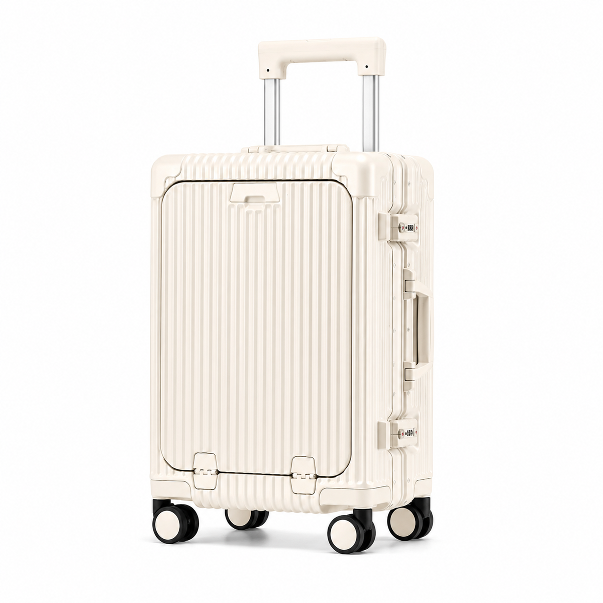 Valise cabine Orvessa Bastille coloris Blanc, vue de trois quarts, poignée télescopique sortie