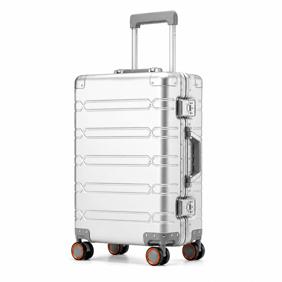 Valise Orvessa Vendôme argent, vue de trois quarts : coque rainurée, deux serrures et roues à liseré orange