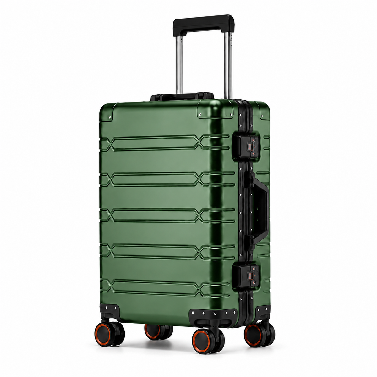 Valise Orvessa Vendôme verte, vue de trois quarts : cadre, coins et poignées noirs, roues à liseré orange