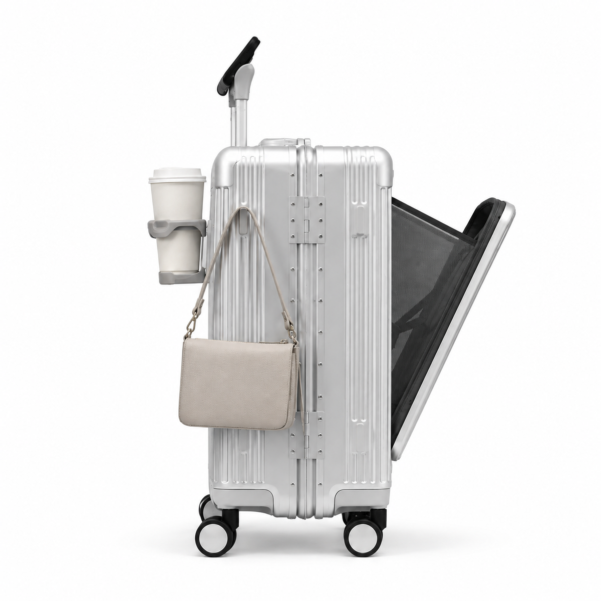 Orvessa Bastille coloris Argent de profil, panneau avant ouvert, porte-gobelet, support de téléphone et sac accrochés