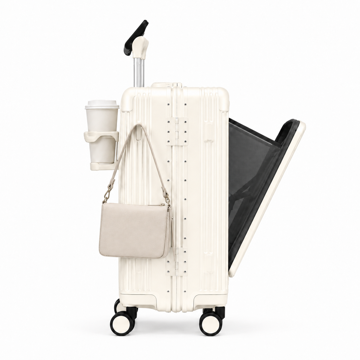 Orvessa Bastille coloris Blanc de profil, panneau avant ouvert, porte-gobelet, support de téléphone et sac accrochés