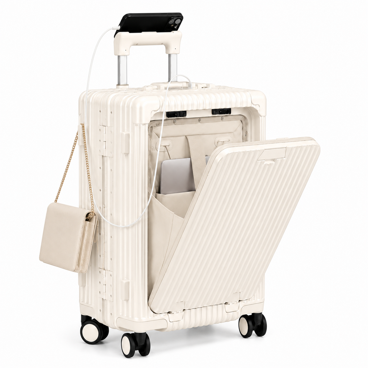 Orvessa Bastille coloris Blanc, panneau avant ouvert, téléphone relié par un câble sur la poignée, sac suspendu au flanc
