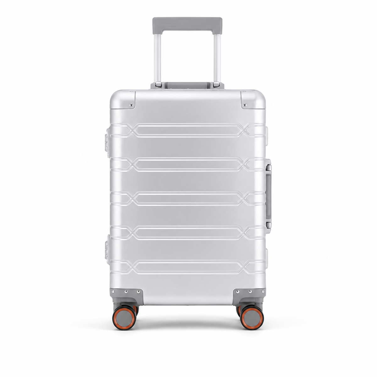 Valise Orvessa Vendôme argent, vue de face, poignée télescopique sortie