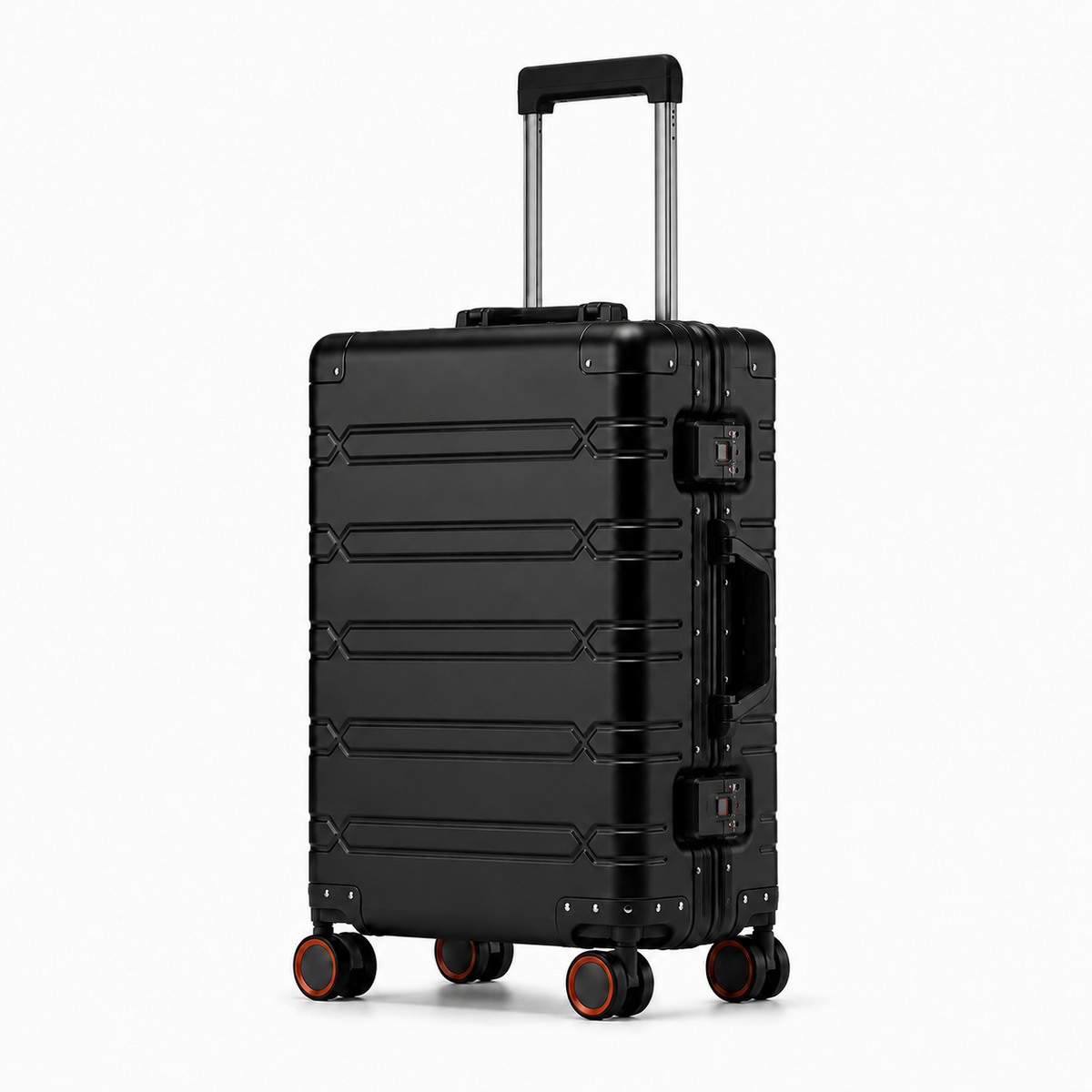 Valise noire à nervures horizontales et roues cerclées d'orange, vue de trois quarts