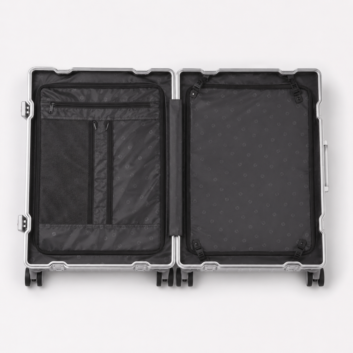 Valise Orvessa Turenne ouverte à plat : doublure grise, panneau zippé avec poche en filet et séparateur à clips