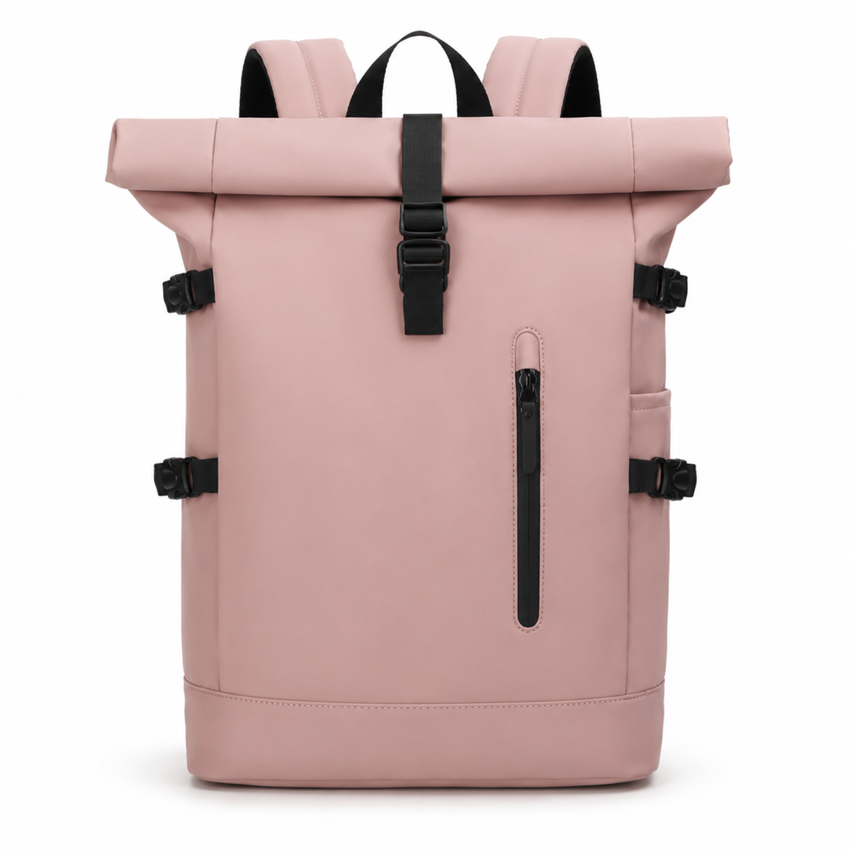 Sac à dos roll-top rose poudré, vue de face : haut enroulé, sangle à boucle et poche avant zippée
