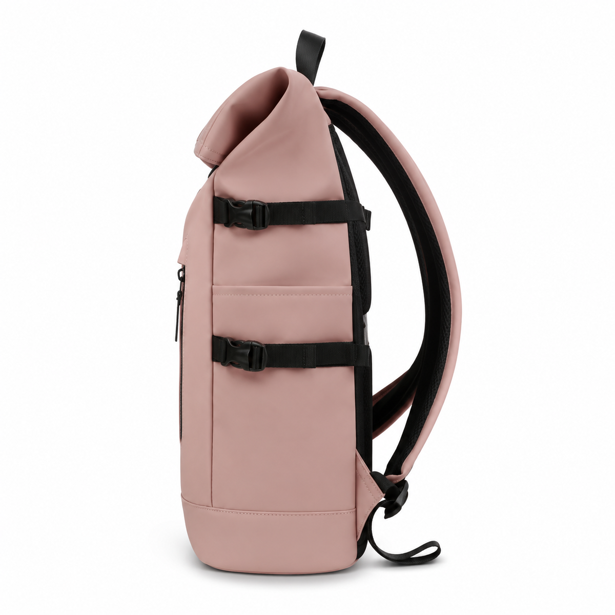 Sac à dos roll-top rose poudré, vue de profil : haut enroulé et sangles de compression