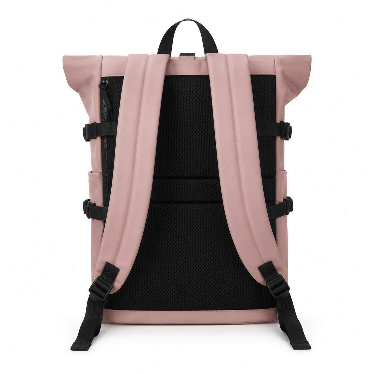Sac à dos roll-top rose poudré, vue de dos : bretelles rembourrées et dos en maille noire