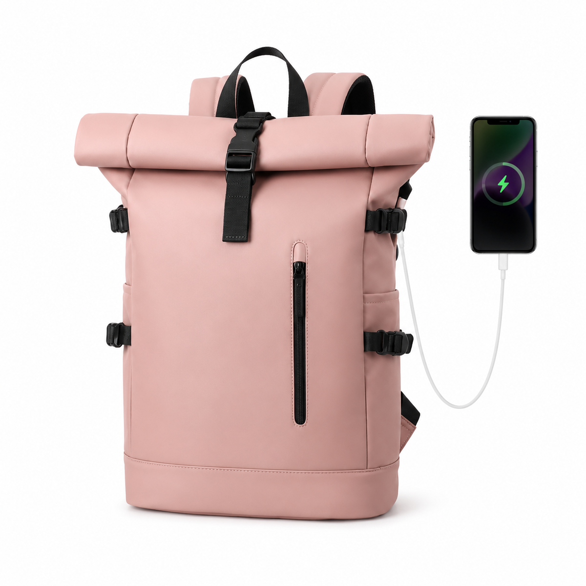 Sac à dos roll-top rose poudré de trois quarts, câble branché au port USB et relié à un smartphone