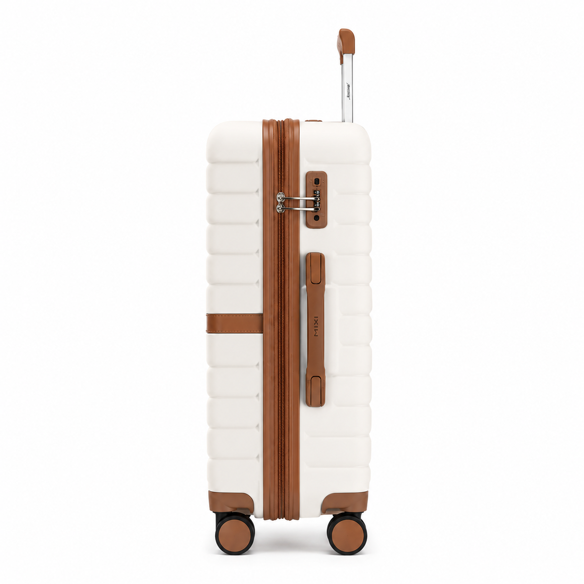 Valise Orvessa Charonne coloris Beige, vue de profil : fermeture éclair, serrure à combinaison et poignée latérale