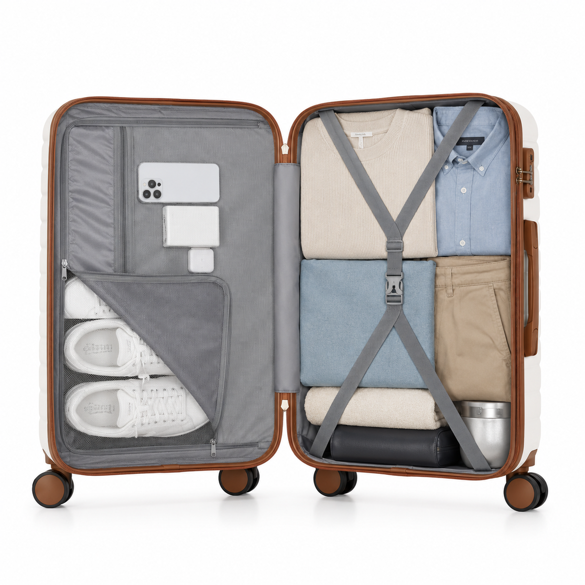 Valise Orvessa Charonne coloris Beige ouverte et remplie : sangles croisées, panneau zippé, doublure grise