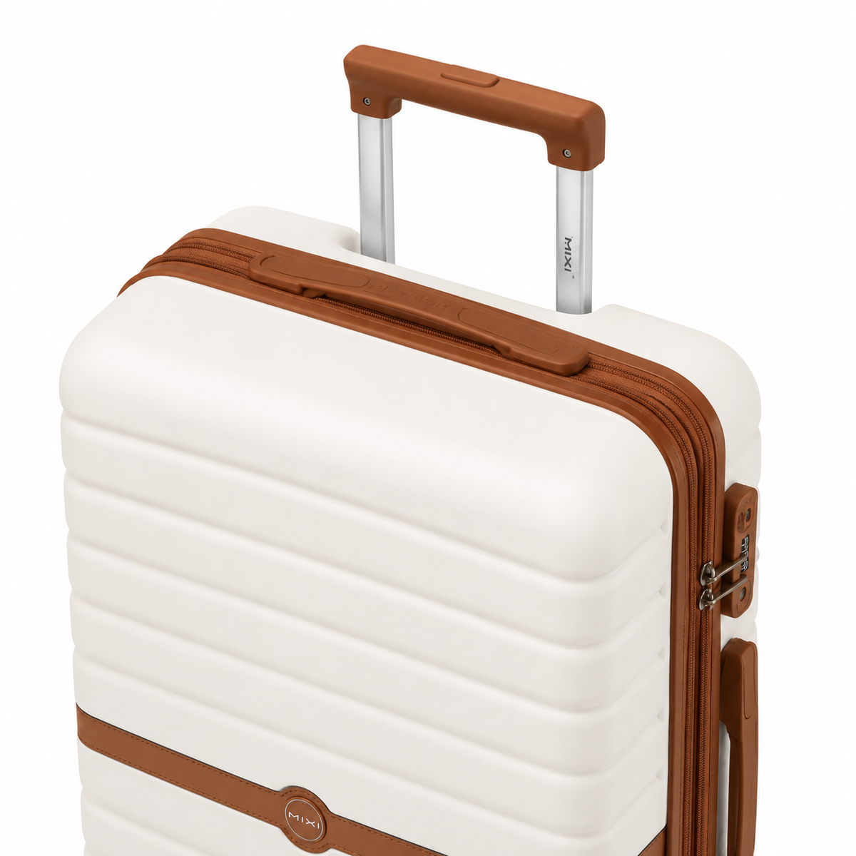 Haut de la valise Orvessa Charonne coloris Beige : poignée supérieure et poignée télescopique marron