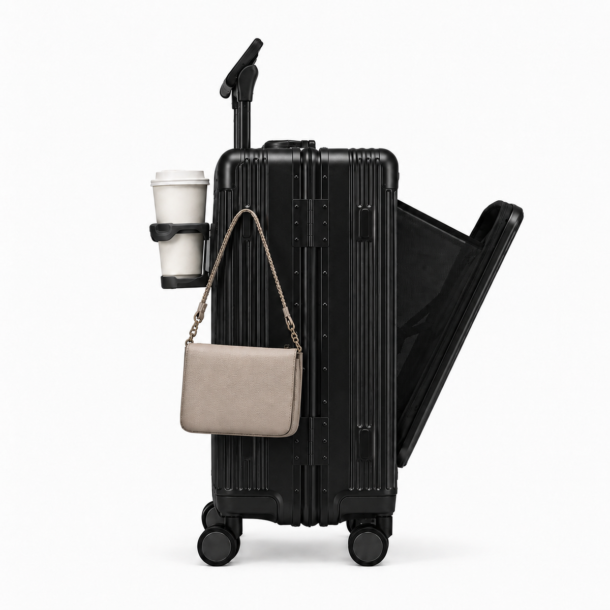 Orvessa Bastille coloris Noir de profil, panneau avant ouvert, porte-gobelet, support de téléphone et sac accrochés