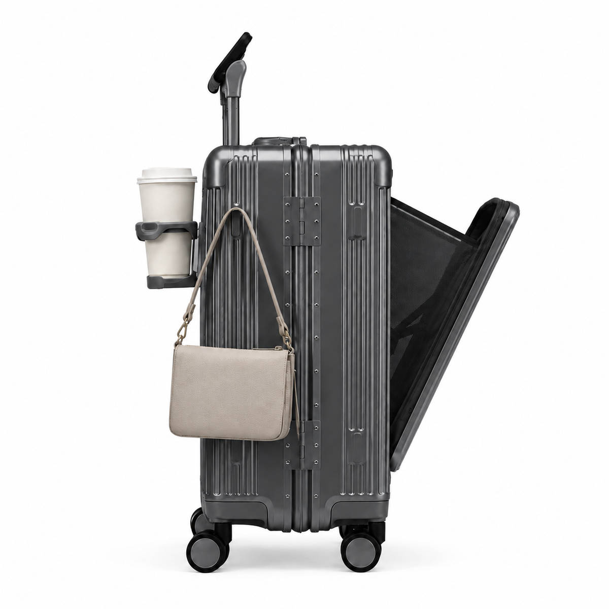 Orvessa Bastille coloris Gris foncé de profil, panneau avant ouvert, porte-gobelet, support de téléphone et sac accrochés