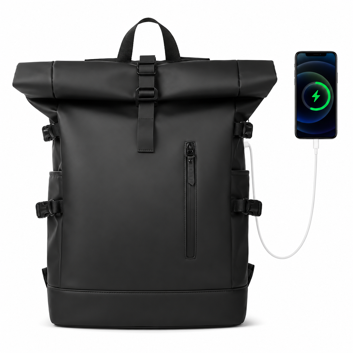 Sac à dos roll-top noir de face, câble branché sur le flanc et relié à un smartphone