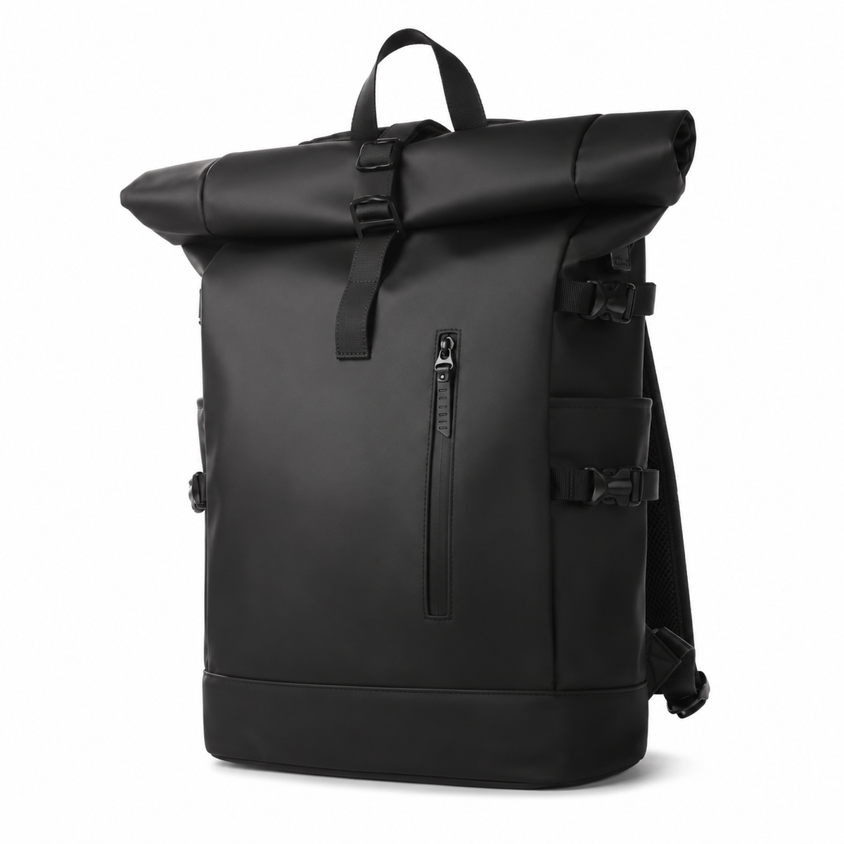 Sac à dos roll-top noir, vue de trois quarts avant, flanc droit avec sangles de compression