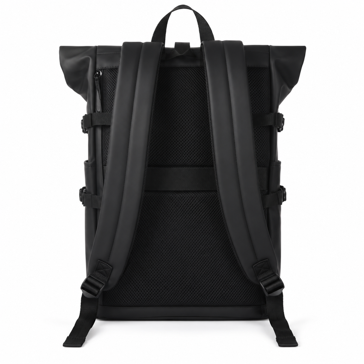 Sac à dos roll-top noir, vue de dos : bretelles rembourrées et dos en maille aérée