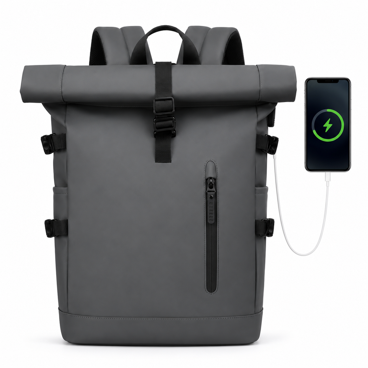 Sac à dos roll-top gris foncé de face, câble branché sur le flanc et relié à un smartphone