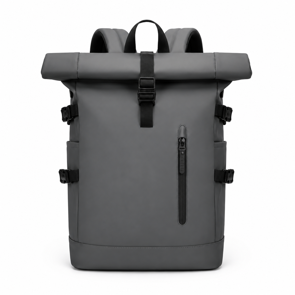 Sac à dos roll-top gris foncé, vue de face : haut enroulé, sangle à boucle et poche avant zippée