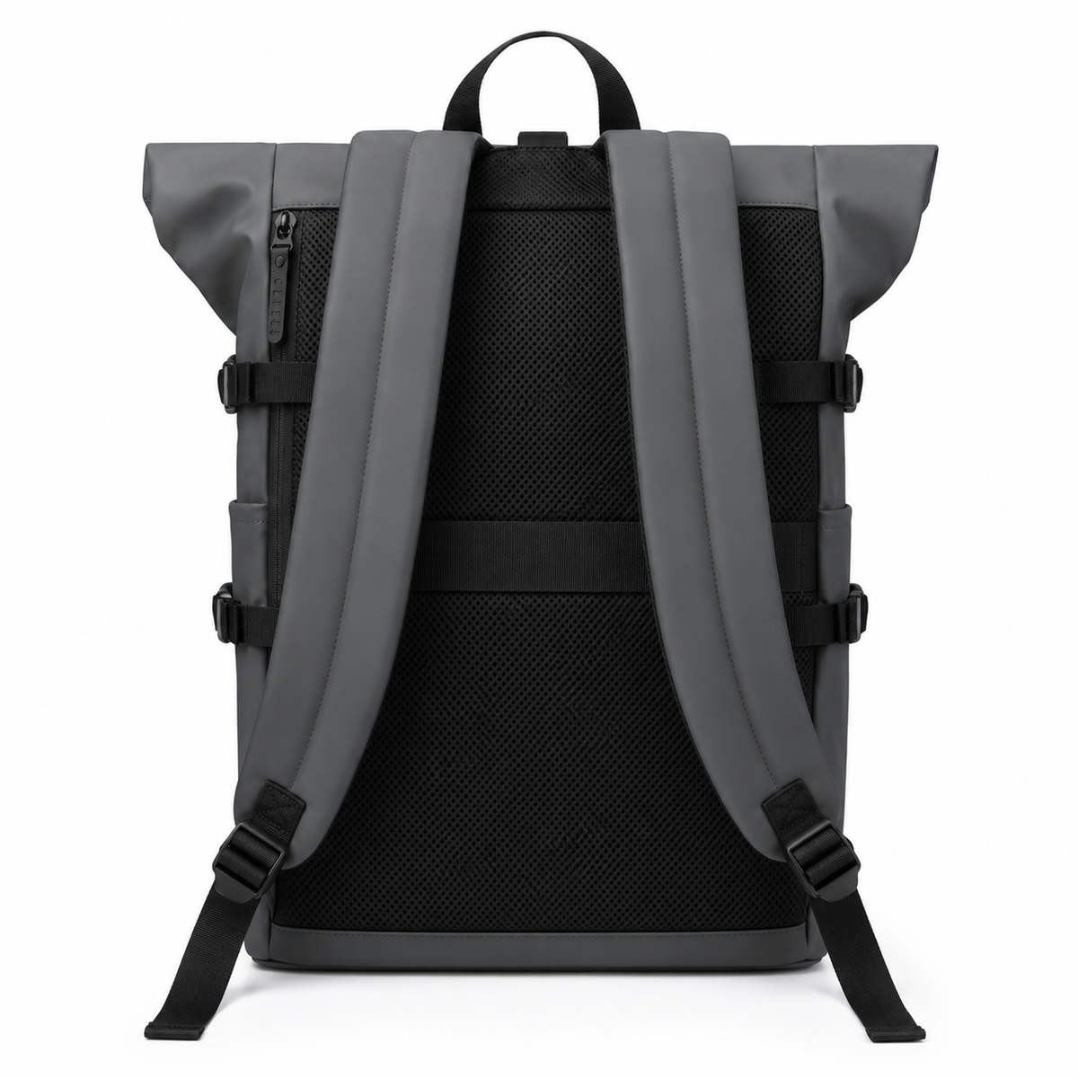 Sac à dos roll-top gris foncé, vue de dos : bretelles rembourrées et dos en maille noire