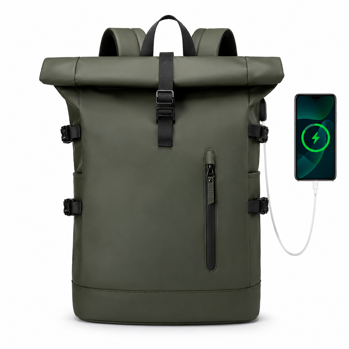 Sac à dos roll-top vert olive de face, câble branché au port USB et relié à un smartphone