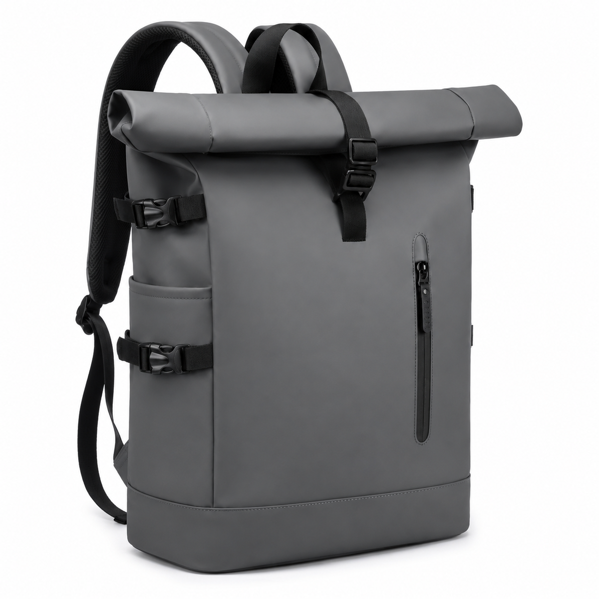 Sac à dos roll-top gris foncé, vue de trois quarts : flanc gauche avec poche et sangles de compression