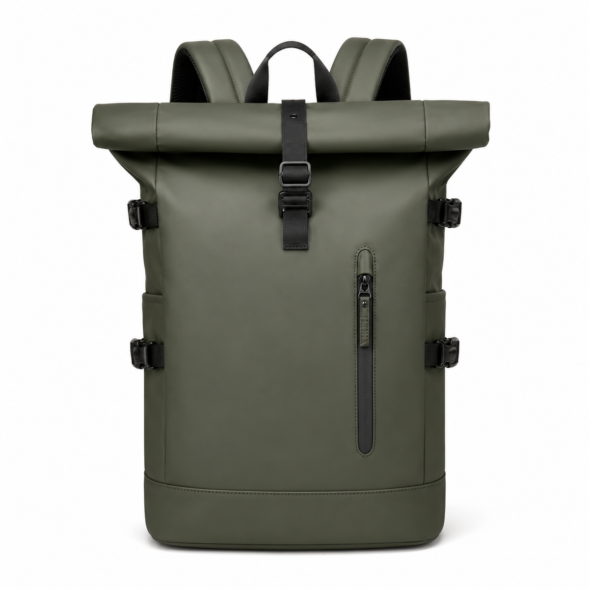 Sac à dos roll-top vert olive, vue de face : haut enroulé, sangle à boucle et poche avant zippée
