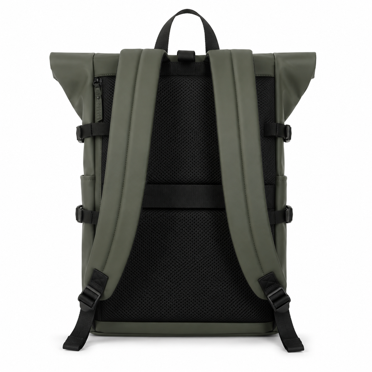 Sac à dos roll-top vert olive, vue de dos : bretelles rembourrées et dos en maille noire
