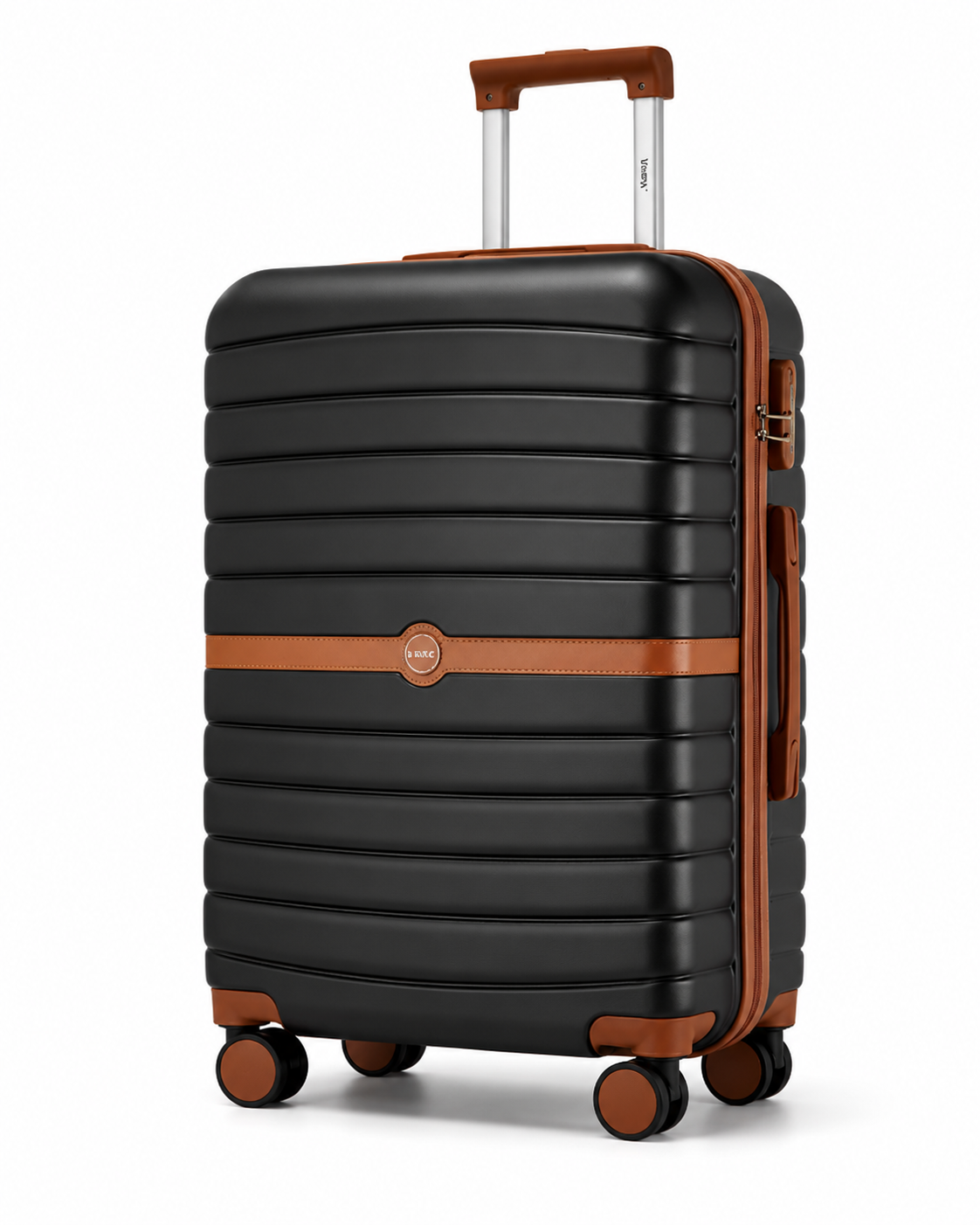 Valise Orvessa Charonne coloris Noir, vue de trois quarts, bande et roues marron