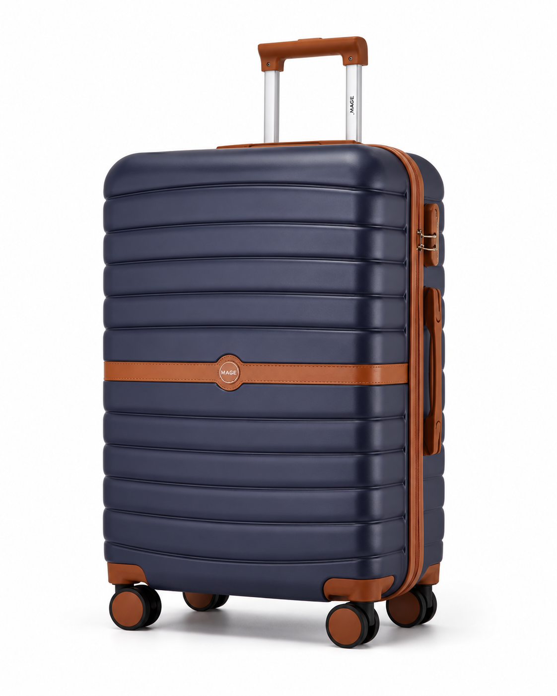 Valise Orvessa Charonne coloris Bleu Marine, vue de trois quarts, bande et roues marron