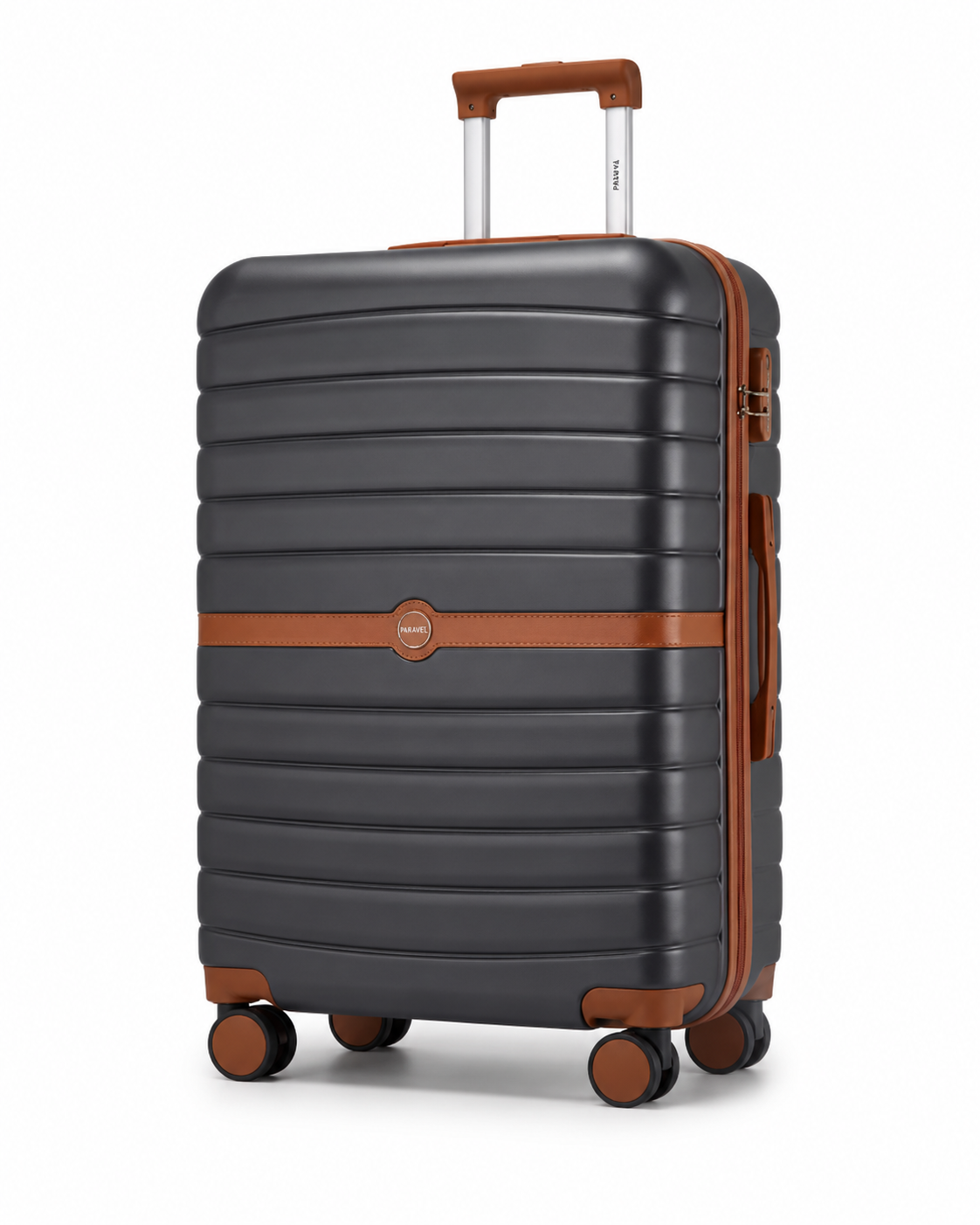 Valise Orvessa Charonne coloris Gris Anthracite, vue de trois quarts, bande et roues marron