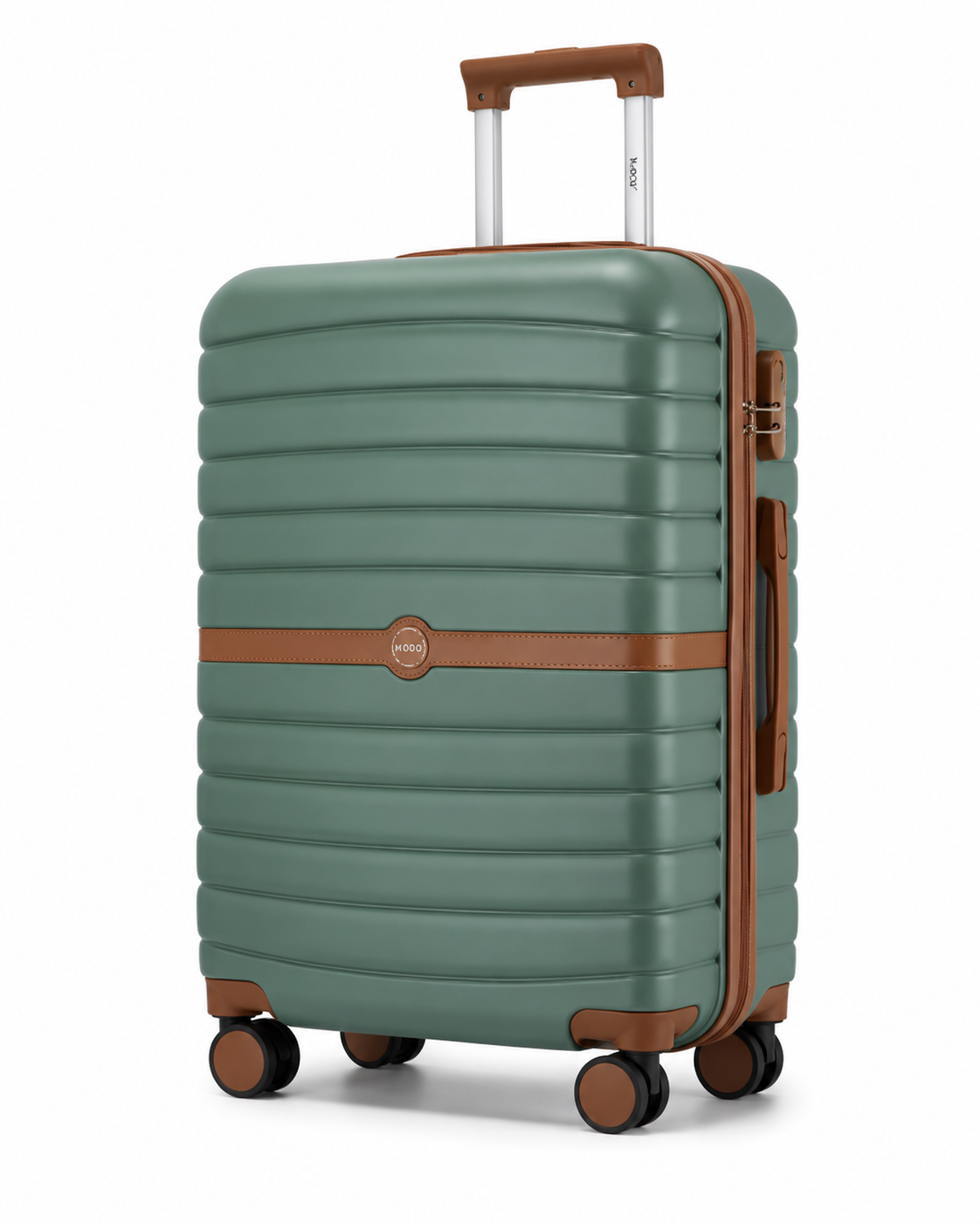 Valise Orvessa Charonne coloris Vert Sauge, vue de trois quarts, bande et roues marron