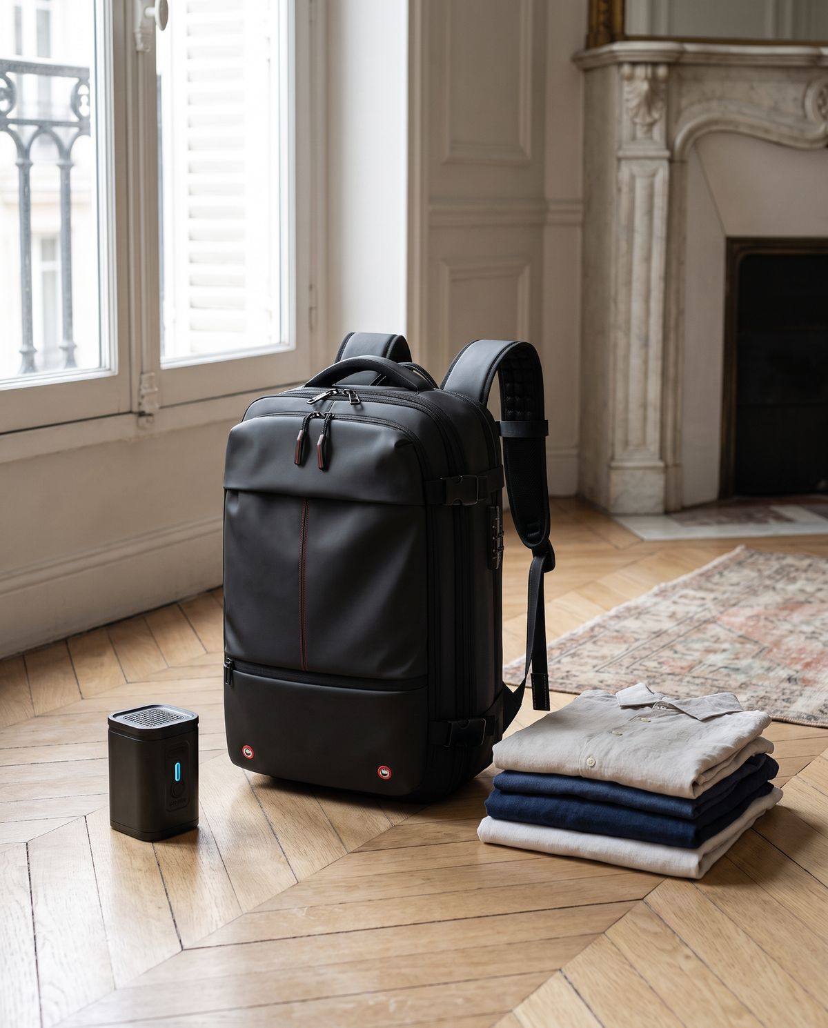 Sac à dos Orvessa Original noir posé sur un parquet, à côté de sa pompe et d'une pile de vêtements pliés
