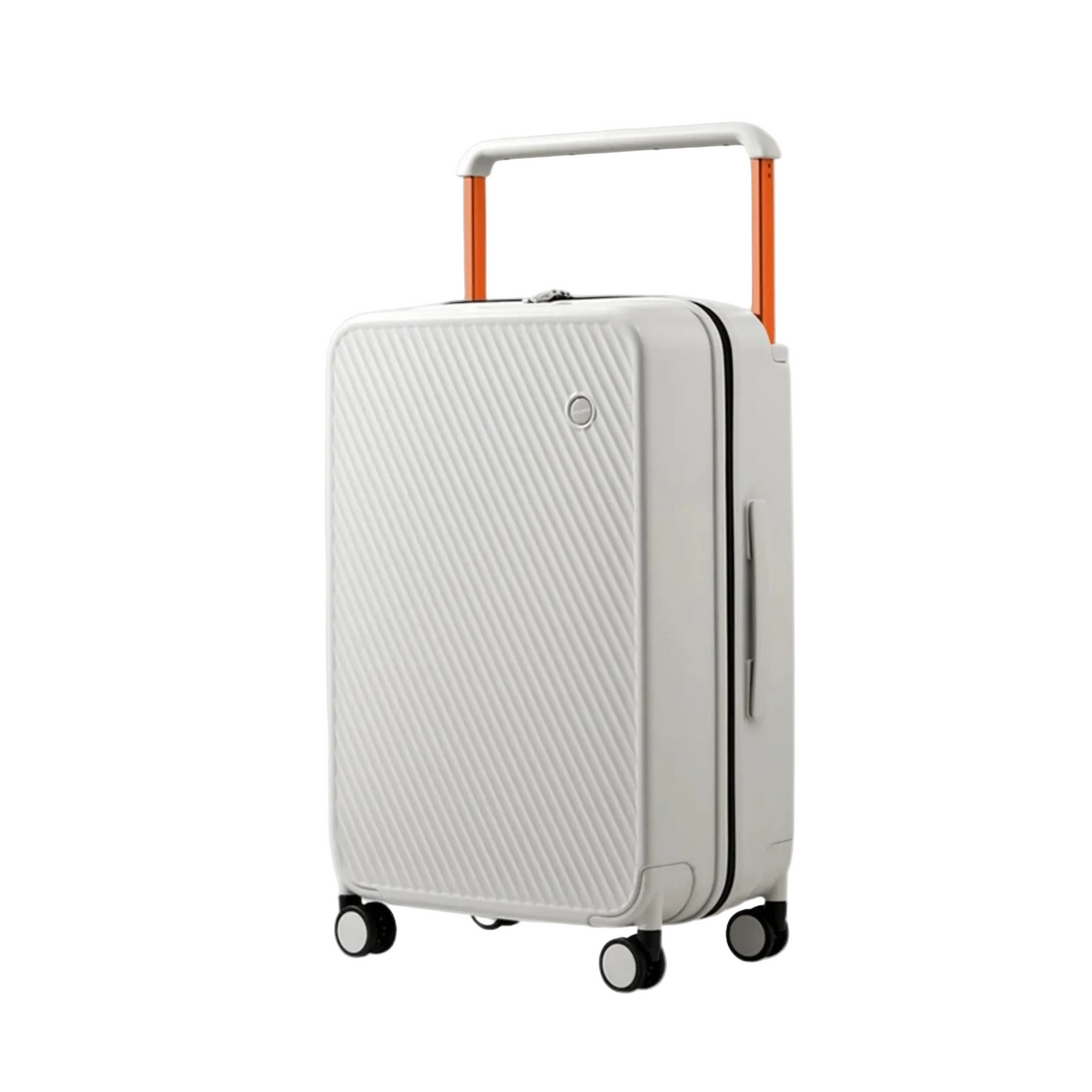 Valise cabine Orvessa Belleville coloris Blanc, vue de trois quarts, coque à relief diagonal, poignée à montants orange